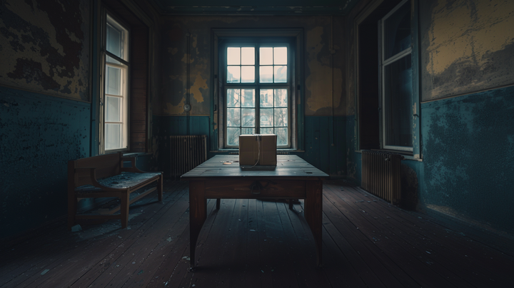 wooden table in an old room with a big cardboard box